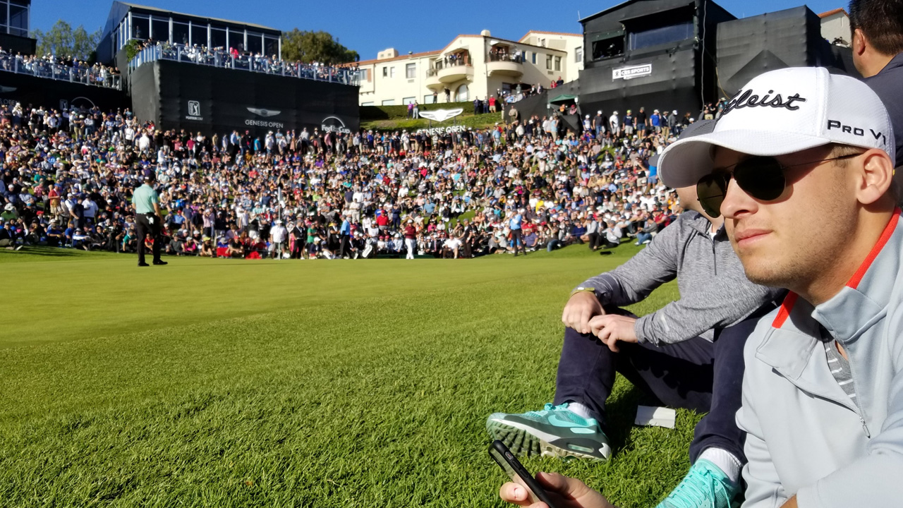 LA Rams quarterback Jerod Goff sits greenside 18 to watch Bubba Watson crowned as Genesis Open Champion