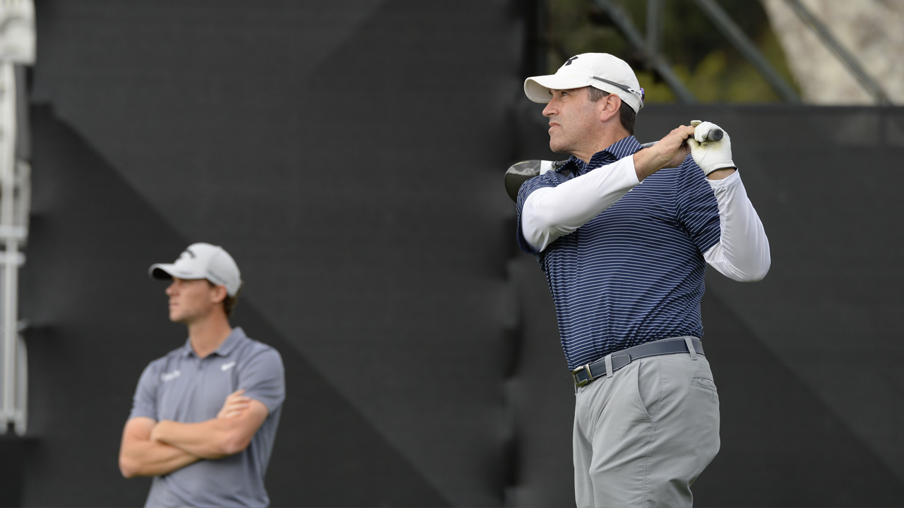 Rob Riggle and Thomas Pieters golf in the Monday Active PDF Pro-Am
